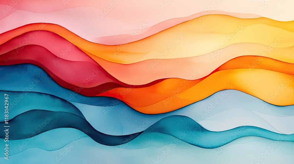 Poster Watercolor abstract background concept. Vibrant abstract waves of color creating a dynamic visual flow and energy.