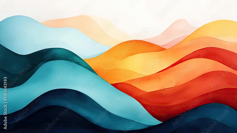 Poster watercolor abstract background concept. vibrant abstract waves in warm and cool colors create a sere