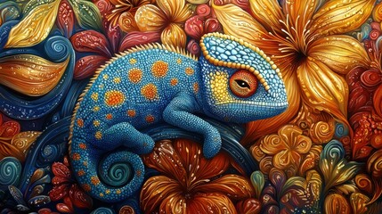 Chameleon camouflaging into a vibrant floral pattern nature scene cartoon illustration colorful environment close-up view blending and adaptation concept