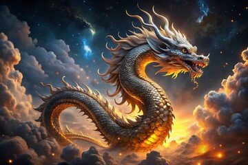 Majestic Dragon Serpent Twirling in Night Sky - Fantasy Stock Photo