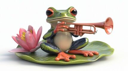 Obraz premium Trumpet-playing cartoon frog sitting on a lily pad digital illustration nature setting close-up view whimsical concept