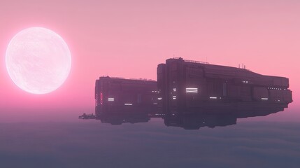 Fototapeta premium Twin Spaceships Orbiting Pink Planet at Sunset