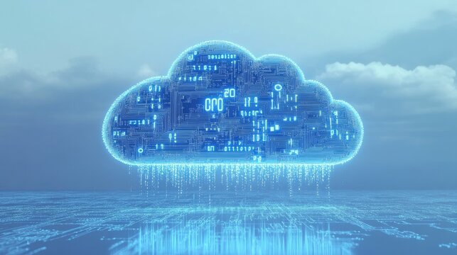 Cloud Computing: A digital cloud with circuit board texture, emitting streams of data, symbolizing the power and potential of cloud computing and digital transformation.