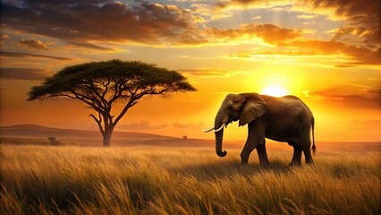 Fototapeta premium Majestic Elephant Silhouette at Sunset: African Wildlife Photography