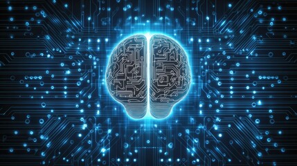 Digital Brain Circuitry ม A glowing, stylized human brain, embedded in a circuit board, represents the power of artificial intelligence and the intersection of technology and human thought.  