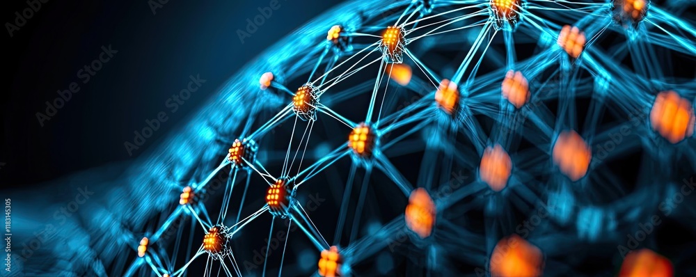Aufkleber Matrix abstract background idea. Abstract digital network with glowing nodes and intricate connections in blue and orange.