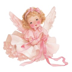Fototapeta premium Cute angel with pink ribbon