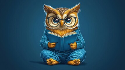 Charming cartoon owl reading bedtime story in cozy pajamas whimsical indoor scene illustrative art for children