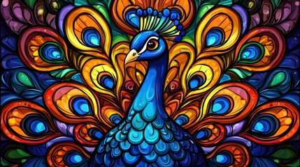Fototapeta premium A cartoon peacock spreading its colorful feathers in a rainbow display artistic illustration vibrant environment whimsical concept for seo impact