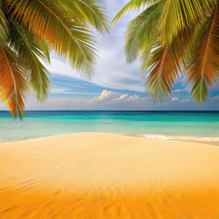Yellow sand with palm trees and blue sea and blue sky.