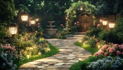 Obraz premium A whimsical stone path with flowers and lights leads to a charming door 3. Generative AI