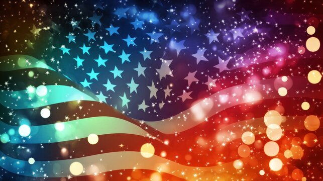 An American flag with radiant colors and sparkling bokeh lights in patriotic hues, capturing the spirit of national pride and festivity
