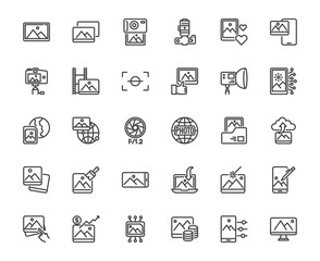 Vector simple set of photo or image related outline icon set, photograph technology and digital camera concept, 48x48 pixel perfect editable line for web, app, ux, ui