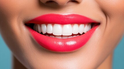 Fototapeta premium Bright red lipstick enhances a woman's smile, highlighting her perfect white teeth against a soft blue backdrop