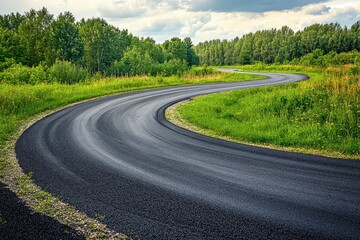 Fototapeta premium Winding asphalt road curves through summer forest