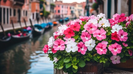 Fototapeta premium Venetian Canal Gondolas Pink Flowers Scenic View