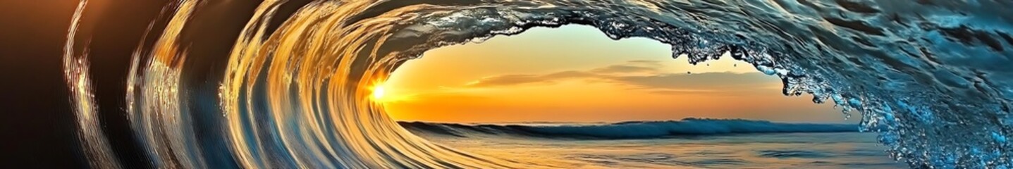 Obraz premium Majestic rolling ocean waves under the golden sunlight with stunning high-definition details and perfect panoramic composition, showcasing the beauty of nature and the power of the sea.