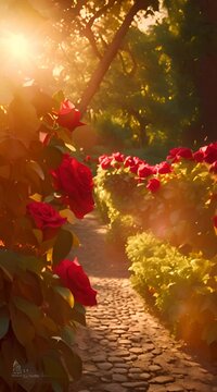 Roses with a bright red color in a beautiful plantation, glistening with morning dew, surrounded by lush green leaves
