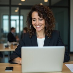 smiling woman with curly hair works at a laptop