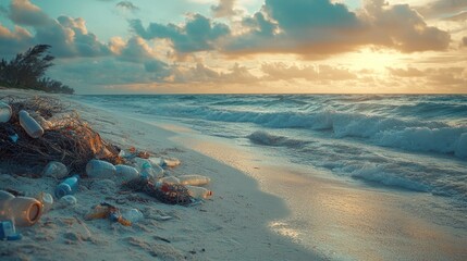 A beach littered with waste collected from the sea, including plastic bottles, fishing nets, and other debris, illustrating the impact of marine pollution