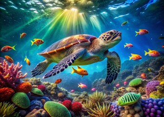 Majestic Green Sea Turtle Gracefully Swimming Above Vibrant Coral Reef - Aerial View