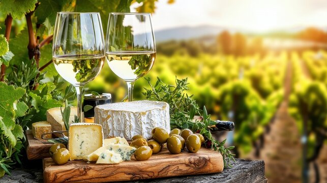 Wine and cheese pairing in a vineyard setting at sunset.