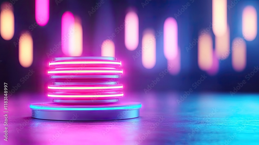 Aufkleber Layer abstract background concept. Vibrant neon lights illuminate a modern circular display on a reflective surface.