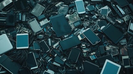 A chaotic pile of discarded electronic devices, including smartphones, laptops, and cables, symbolizing the growing issue of e-waste pollution and its environmental impact