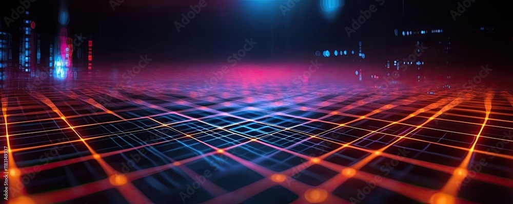 Poster matrix abstract background idea. abstract digital grid landscape with glowing neon lines and vibrant