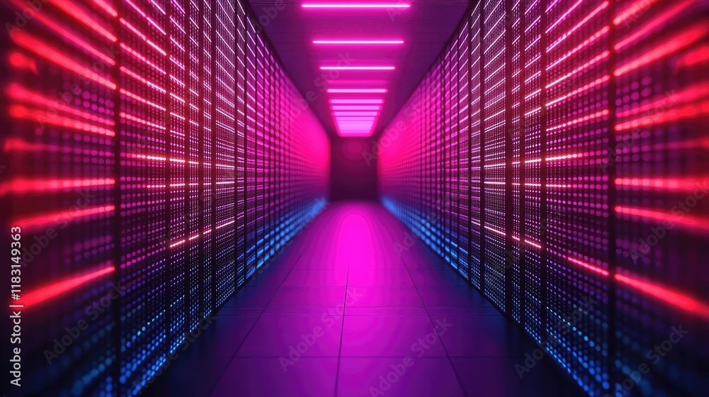 Poster matrix abstract background idea. vibrant corridor showcasing neon lights reflecting off data storage