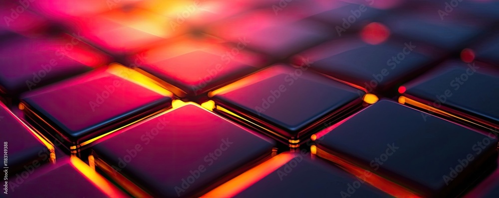 Poster Matrix abstract background idea. Close-up view of vibrant, illuminated keyboard keys in modern design.