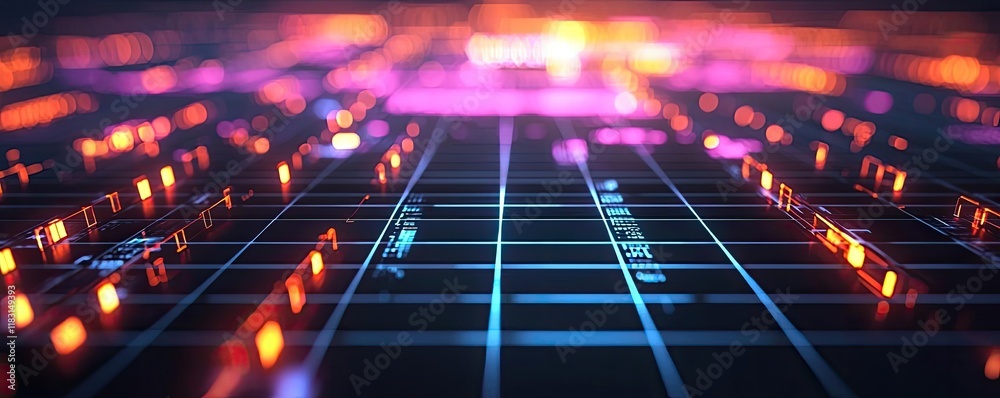 Poster Matrix abstract background idea. Abstract digital grid with vibrant neon lights in 3D perspective.