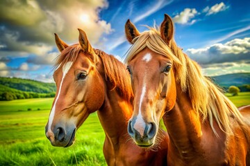 Obraz premium Majestic Horse Duo: Two Horses Grazing in a Lush Meadow, Sunny Day