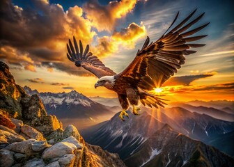 Majestic Hunting Eagle Soaring Above Mountain Peaks - Aerial View
