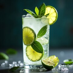 refreshing lime drink with ice and mint is shown in a glass, with additional limes scattered