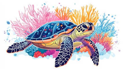 a 2D cartoon illustration of a tiny turtle swimming in the sea, colorful corals around, vibrant and joyful, white background--ar 16:9