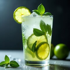 glass of mojito is shown, with visible mint, lime, and ice