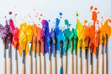 Colorful paint dripping from brushes in artistic arrangement