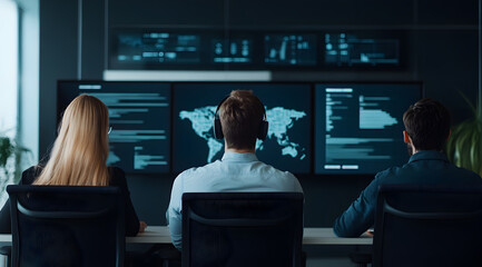 A team of professionals analyzes data on multiple monitors in a modern office environment, focusing on global information and insights.