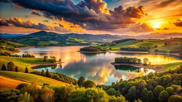 Majestic Lago di Cingoli: Panoramic View of Italian Lake & Hills at Sunset