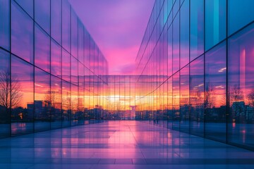 Obraz premium Modern skyscrapers reflecting sunset with vibrant sky