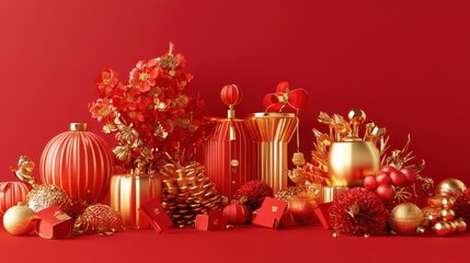 A detailed 3D illustration showcasing traditional Chinese New Year decorations like red envelopes, golden ornaments, and lanterns, on a solid red background
