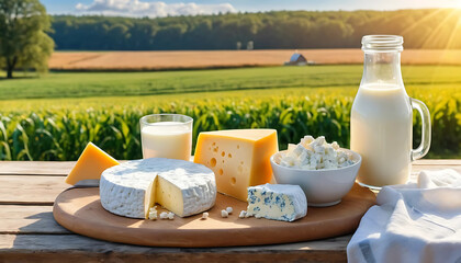 Fresh milk of cheese and cottage cheese on a wooden table on a farm against a field. Sunny morning dairy farm products