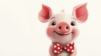 a 2D cartoon illustration of a cute piglet with a polka dot bowtie, cheerful expression, white background--ar 16:9