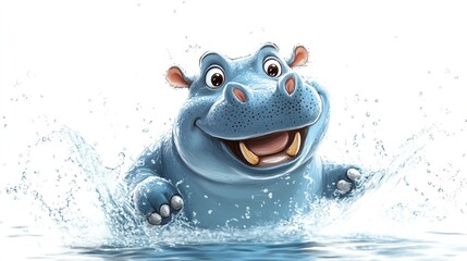 a 2D cartoon illustration of a friendly hippo splashing in water, fun and playful, white background--ar 16:9