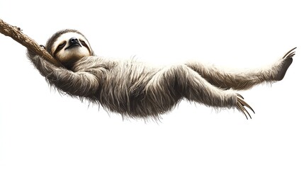 a 2D cartoon illustration of a sleepy sloth hanging from a branch, calm and relaxed, white background--ar 16:9