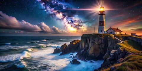Fototapeta premium Majestic Lighthouse on Dramatic Clifftop at Night, Ocean Waves Crashing