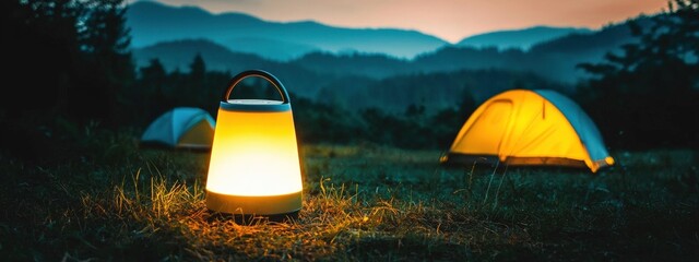A lantern is lit in the grass next to a tent