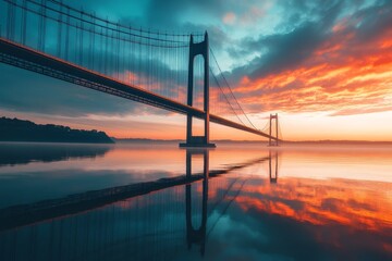 Fototapeta premium Suspension bridge during sunset with colorful sky and calm water