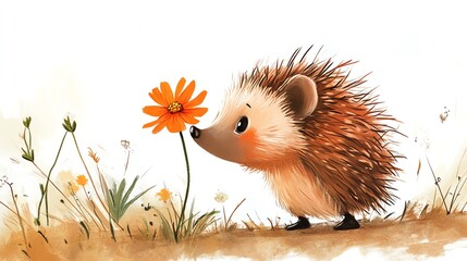 a 2D cartoon illustration of a curious hedgehog sniffing a flower, cute and detailed, white background--ar 16:9